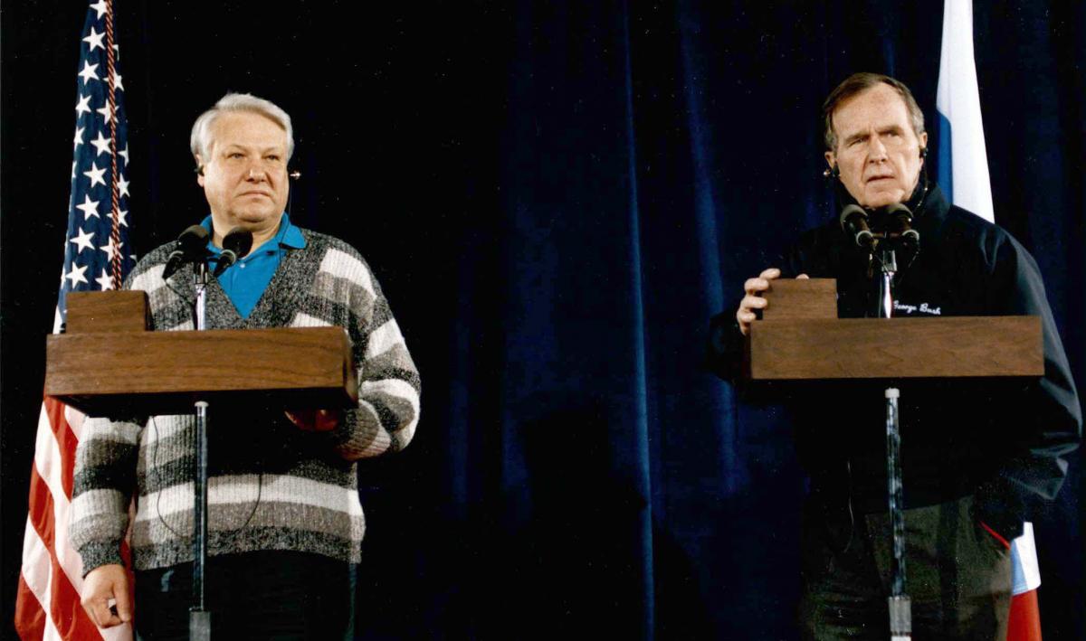 President Bush and Russian President Yeltsin announce the end of the cold war during a press conference at Camp David, February 1, 1992.