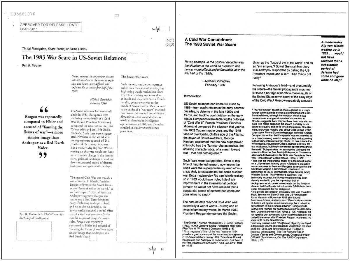A side by side view of Benjamin B. Fischer's redacted and unclassifed War Scare reports.