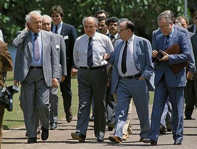 Eduard Shevardnadze, Mikhail Gorbachev and Alexander Yakovlev take a stroll during the heyday of perestroika