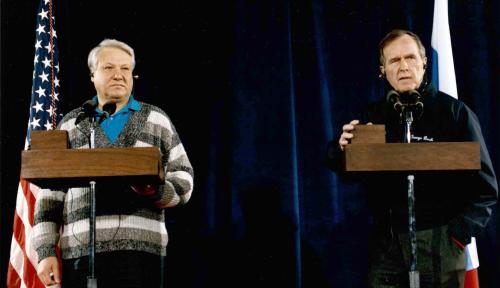 President Bush and Soviet President Yeltsin announce the end of the cold war during a press conference at Camp David. -- February 01, 1992