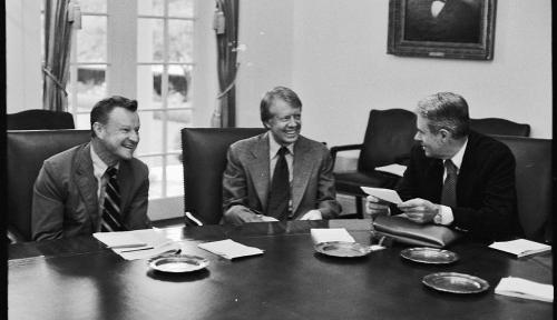 Adviser Zbigniew Brezinski, President Jimmy Carter, and Secretary of State Cyrus Vance