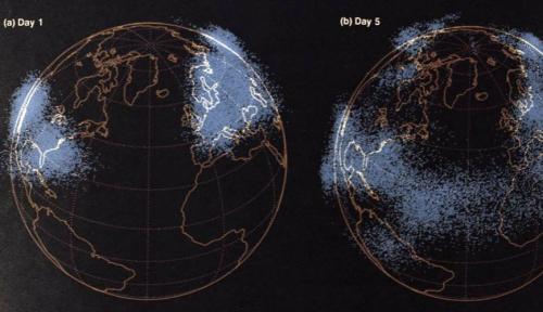 Illustration from a 1985 report by Lawrence Livermore National Laboratory scientist Michael MacCracken, showing smoke and soot lofted from nuclear detonations on day 1 and the passage of the smoke 5, 10, and 20 days later (See Document 13, “Global Atmospheric Effects of Nuclear War”)