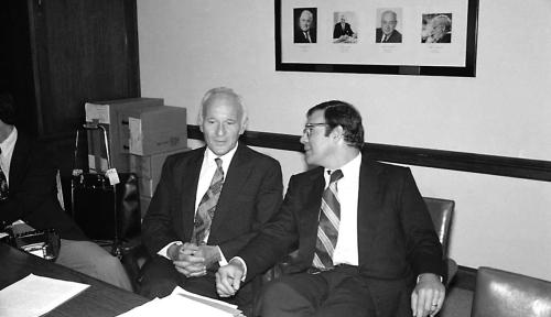 Sidney Gottlieb, former head of the CIA’s Technical Services Division, talks with his attorney Terry Lenzner on the day of his testimony before the Senate health subcommittee, September 21, 1977. 