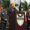 President Álvaro Uribe addresses an audience at U.S. Southern Command in Doral, Florida