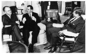 October 18, 1962: White House photograph of President Kennedy meeting with Soviet foreign minister Andrei Gromyko and Ambassador Anatoly Dobrynin – in which JFK does not reveal he knows about the missiles, and Gromyko asserts that Soviet military assistance is purely defensive.