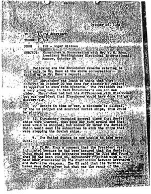 Roger-Hilsman-(INR)-to-Secretary-of-State-Dean-Rusk,-“Khrushchev’s-Conversation-with-Mr.-W.-E.-Knox,-President-Westinghouse-Electrical-International,-Moscow,-October-24,”-SECRET,-October-26,-1962.