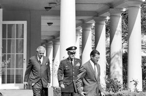 Robert McNamara, Paul Nitze, and Maxwell Taylor leaving the White House after an ExComm meeting.