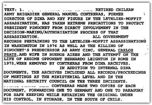 Defense Department Intelligence report titled "Contreras Tentacles" on his effort  to hide and preserve DINA documents recording Pinochet's role in DINA's acts  of international terrorism.