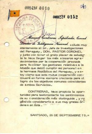 Conteras - carta a Pastor Coronel de Paraguay