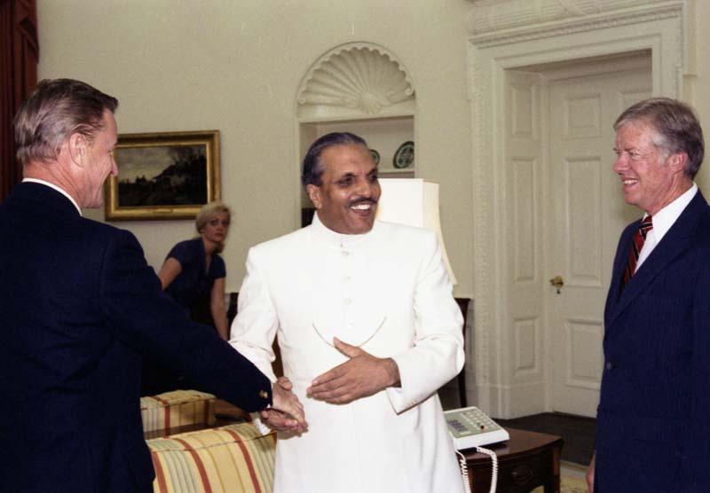 Pakistani dictator General Muhammad Zia-ul-Haq shaking hands with national security adviser Zbigniew Brzezinski