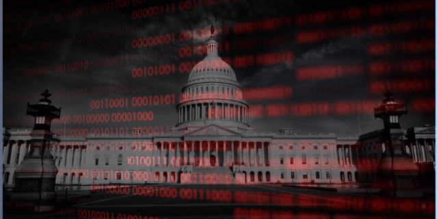 US Capitol overlaid with red binary code