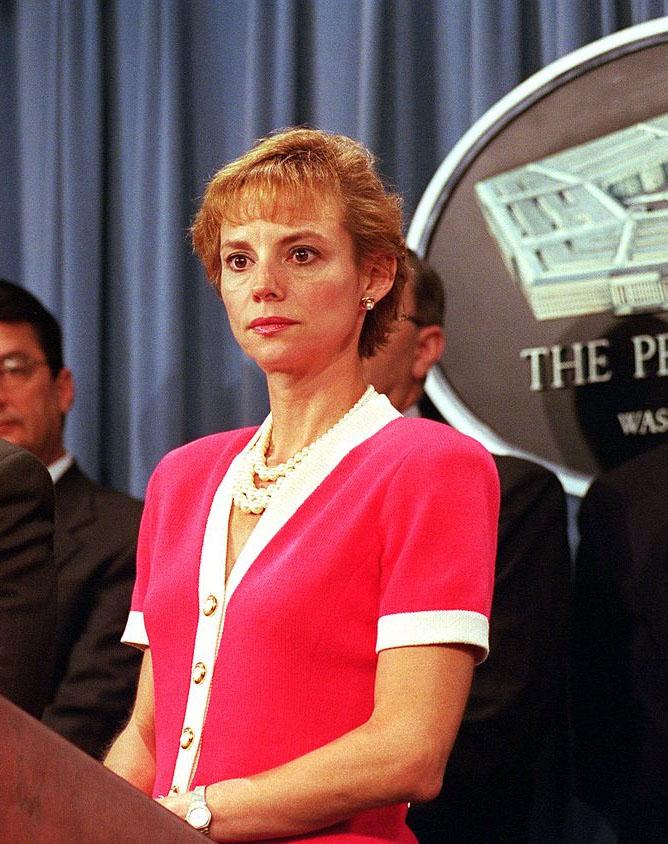 Deputy Under Secretary of Defense Sherri Goodman (Environmental Security) takes reporters' questions on climate matters at the Pentagon in 2000.