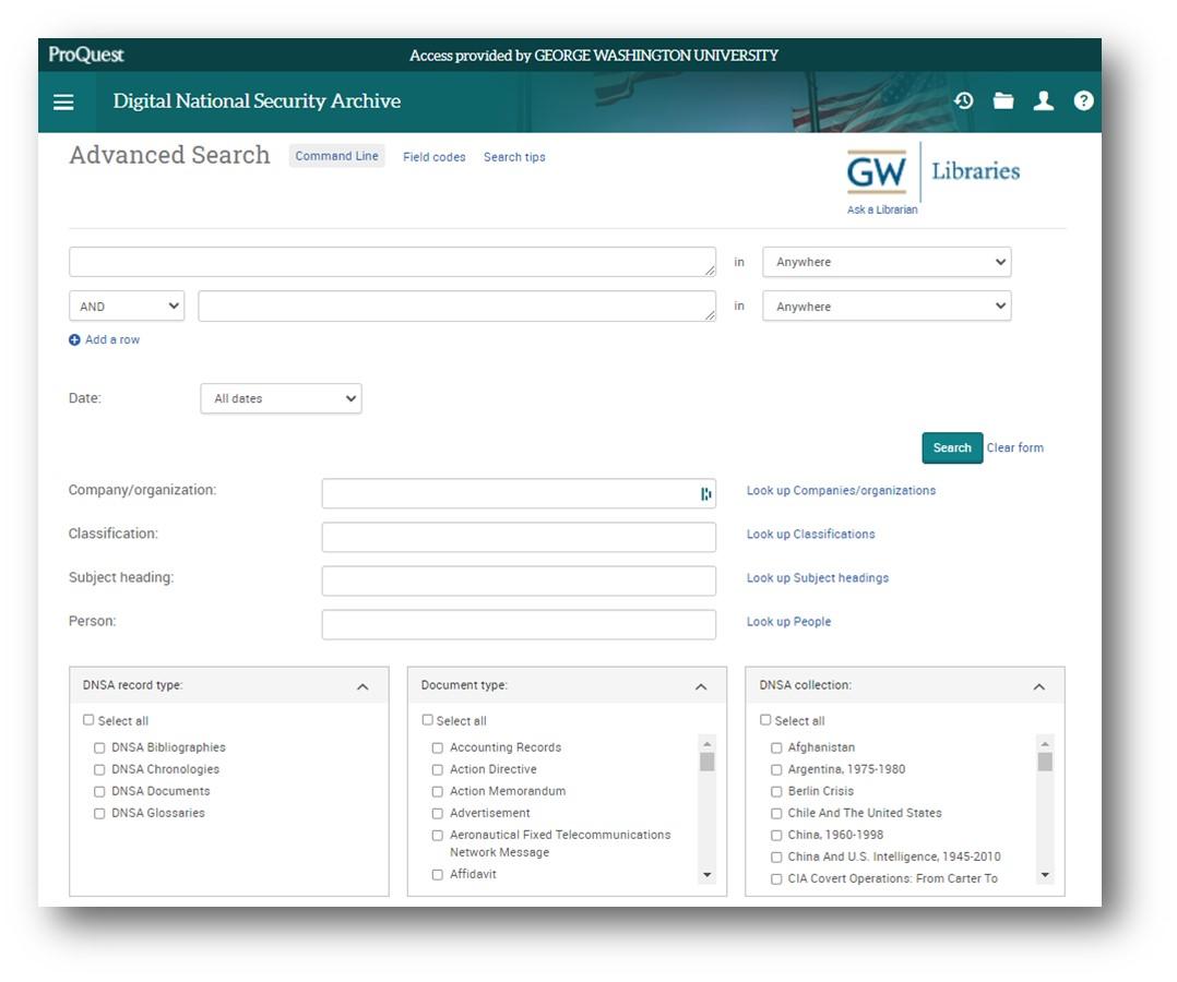 Pic.9. ProQuest’s Digital National Security Archive advanced search page, which you access using your GWU credentials.