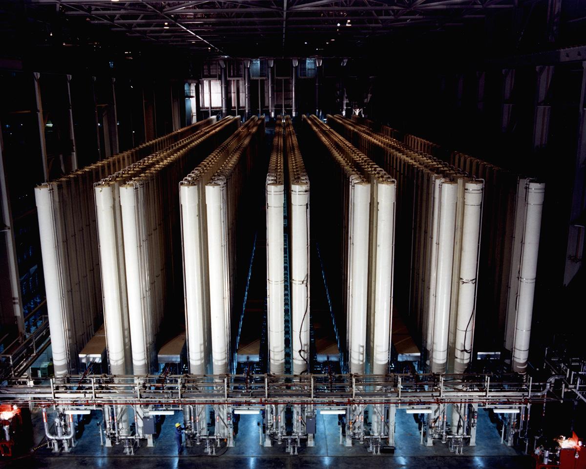 Head-on, overall view of centrifuge machines at the gas centrifuge enrichment plant in Piketon, Ohio