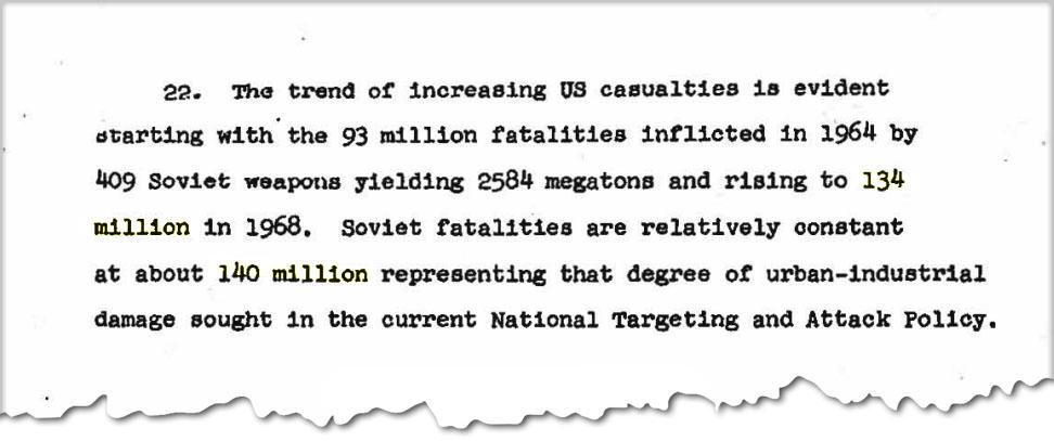 The Net Evaluation Subcommittee’s 1963 report to President Kennedy on a 1968 nuclear U.S.-Soviet exchange estimated that that it could kill 134 million Americans and 140 million Soviets 