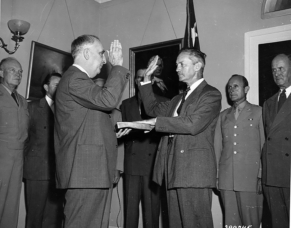 James Forrestal is sworn in as Secretary of Defense by Chief Justice Fred Vinson on September 17, 1947