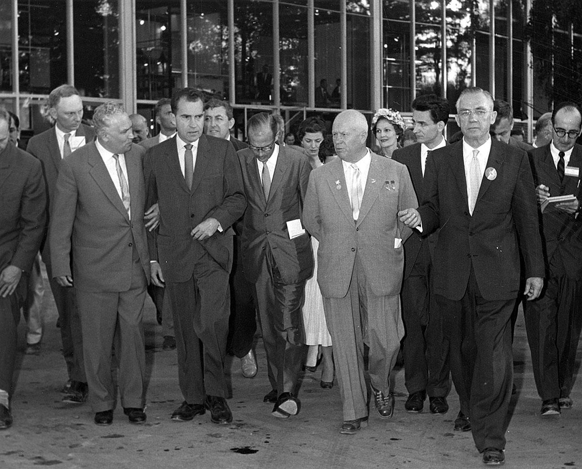 Vice President Richard Nixon and Soviet Premier Nikita Khrushchev walk in Sokolnik Park