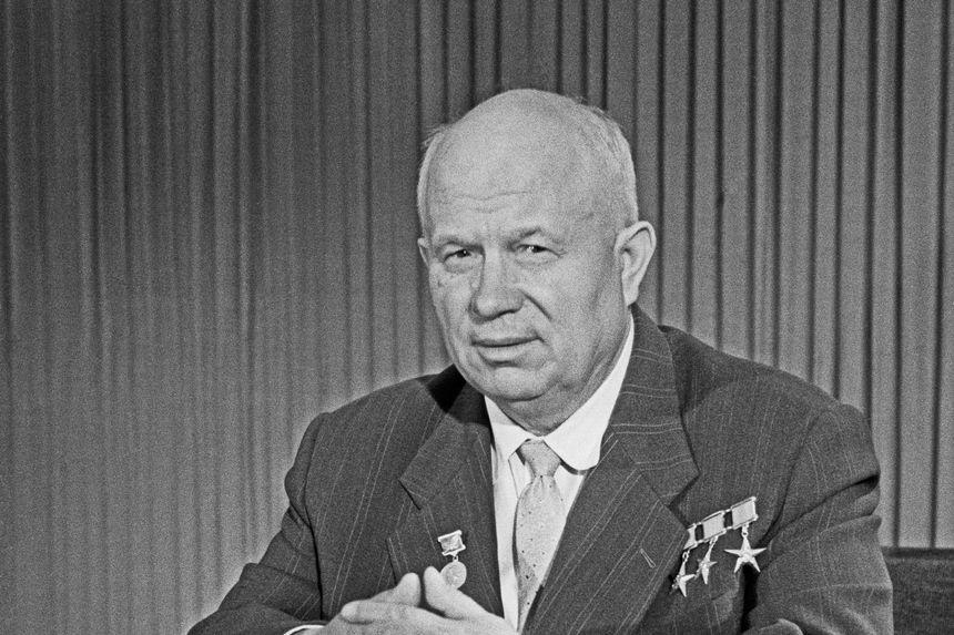 First Secretary of the Communist Party of the Soviet Union Nikita Khrushchev gives a speech for Moscow Television and Radio.