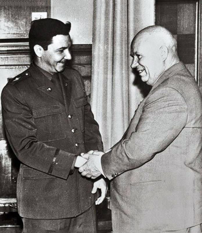 Visiting defense chief Raul Castro (at left) greets Khrushchev in the Kremlin Palace on July 3, 1962