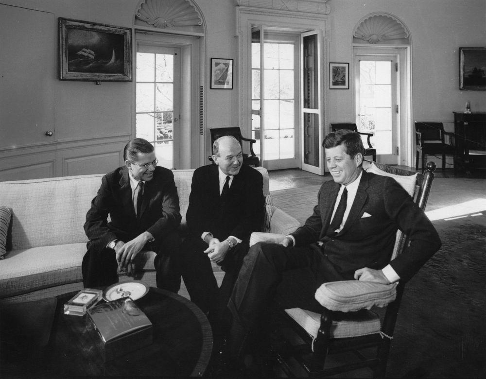 President John F. Kennedy meeting with Secretary of State Dean Rusk and Secretary of Defense Robert McNamara on 10 December 1962