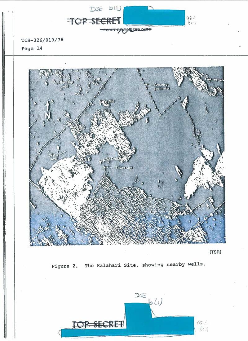 This is an undated photo of the South African nuclear test site taken by a U.S. reconnaissance satellite during 1977 or 1978. See document 3 for the image in context, at page 14. Another image is on page 21 of the document.