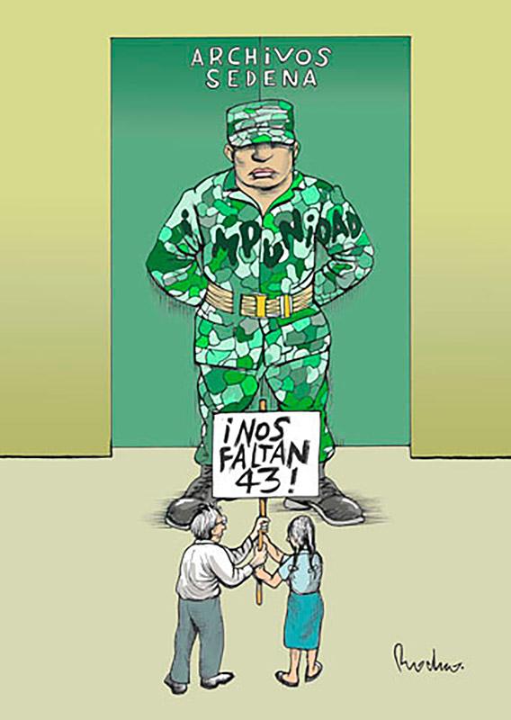 A political cartoon of the military’s resistance to opening their archives for investigators and families of the 43 disappeared students. The word “impunity” is emblazoned on the chest of the soldier