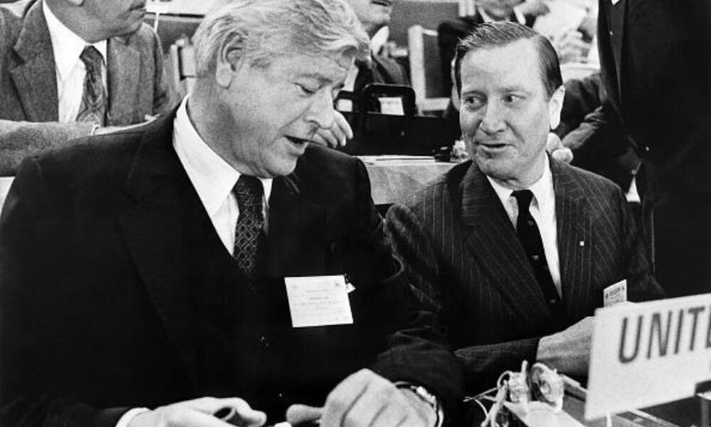 Train (right) and United States Secretary of the Interior Rogers Morton (left) at the 1972 UNCHE on June 9, 1972, in Stockholm, Sweden. 