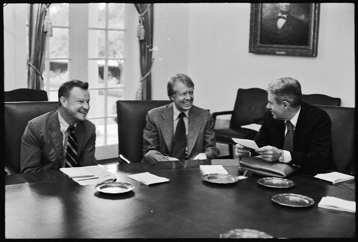 Adviser Zbigniew Brzezinski, President Jimmy Carter, and Secretary of State Cyrus Vance