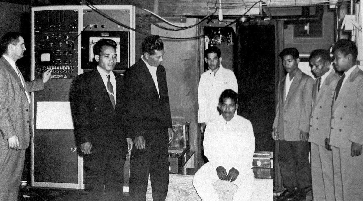 People from Rongelap Atoll at the AEC’s Argonne Laboratory, April 1957, for measurements of fallout fission products by a full-body counter (“iron room”).