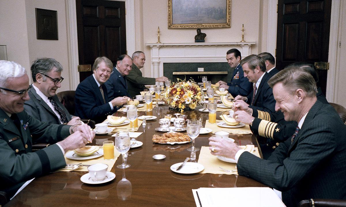 President Jimmy Carter with the Joint Chiefs and Secretary of Defense Harold Brown meeting for breakfast, 20 November 1977