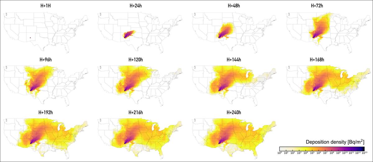 Estimated density of radioactive fallout during the ten days after the Trinity test