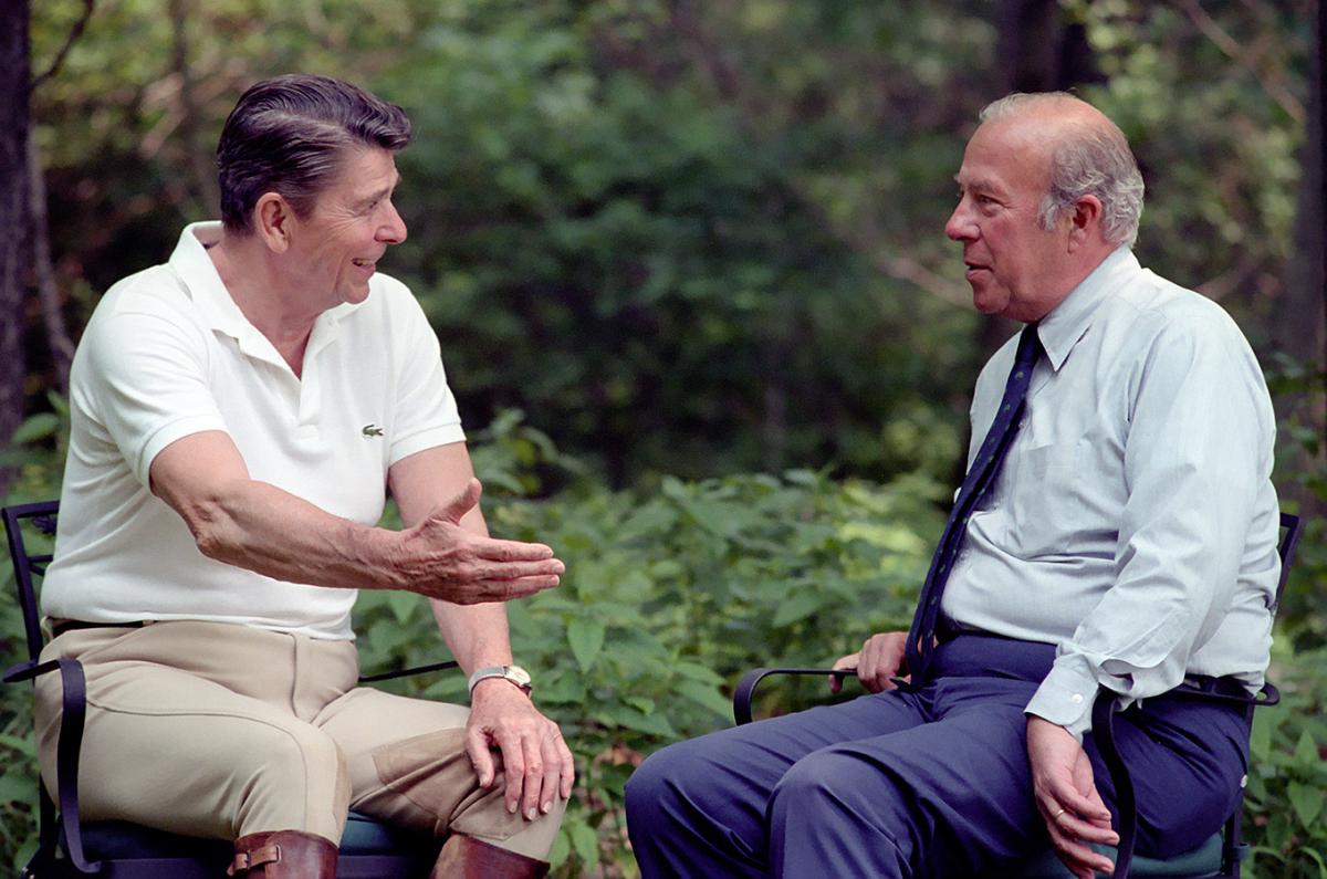 President Ronald Reagan Meeting with New Secretary Designate of State George Shultz at Camp David