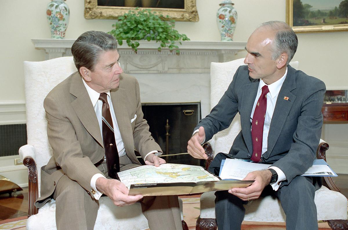 President Ronald Reagan and Donald Hodel Briefing in the Oval Office on the Yellowstone Forest Fire