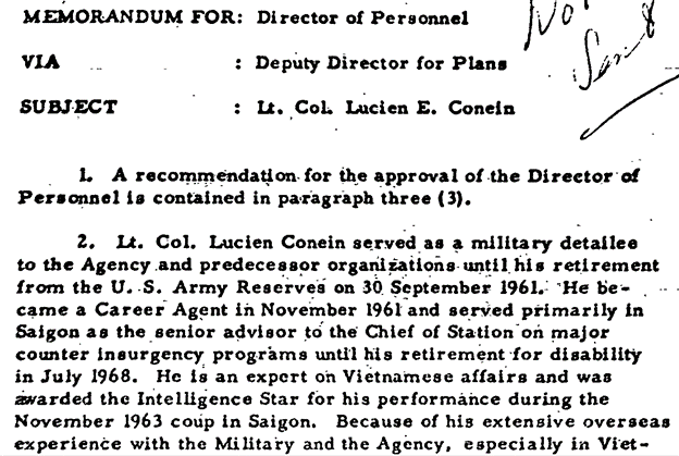 CIA’s Lucien Conein is awarded the Intelligence Star for his role in the coup against Diem.