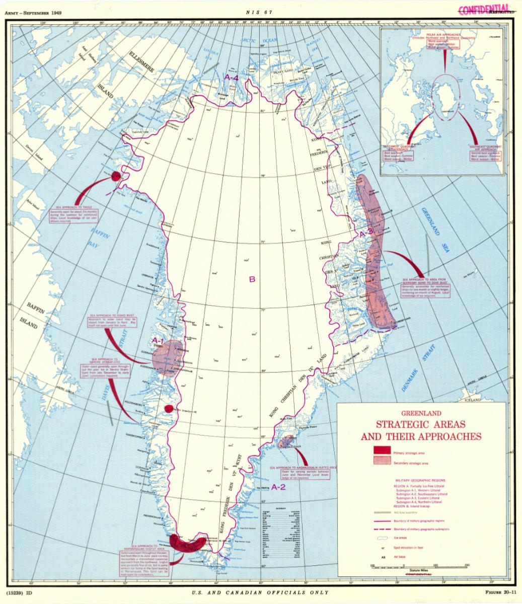 CIA-Karte von 1949, auf der die "strategischen Gebiete Grönlands und ihre Ansätze" dargestellt sind.