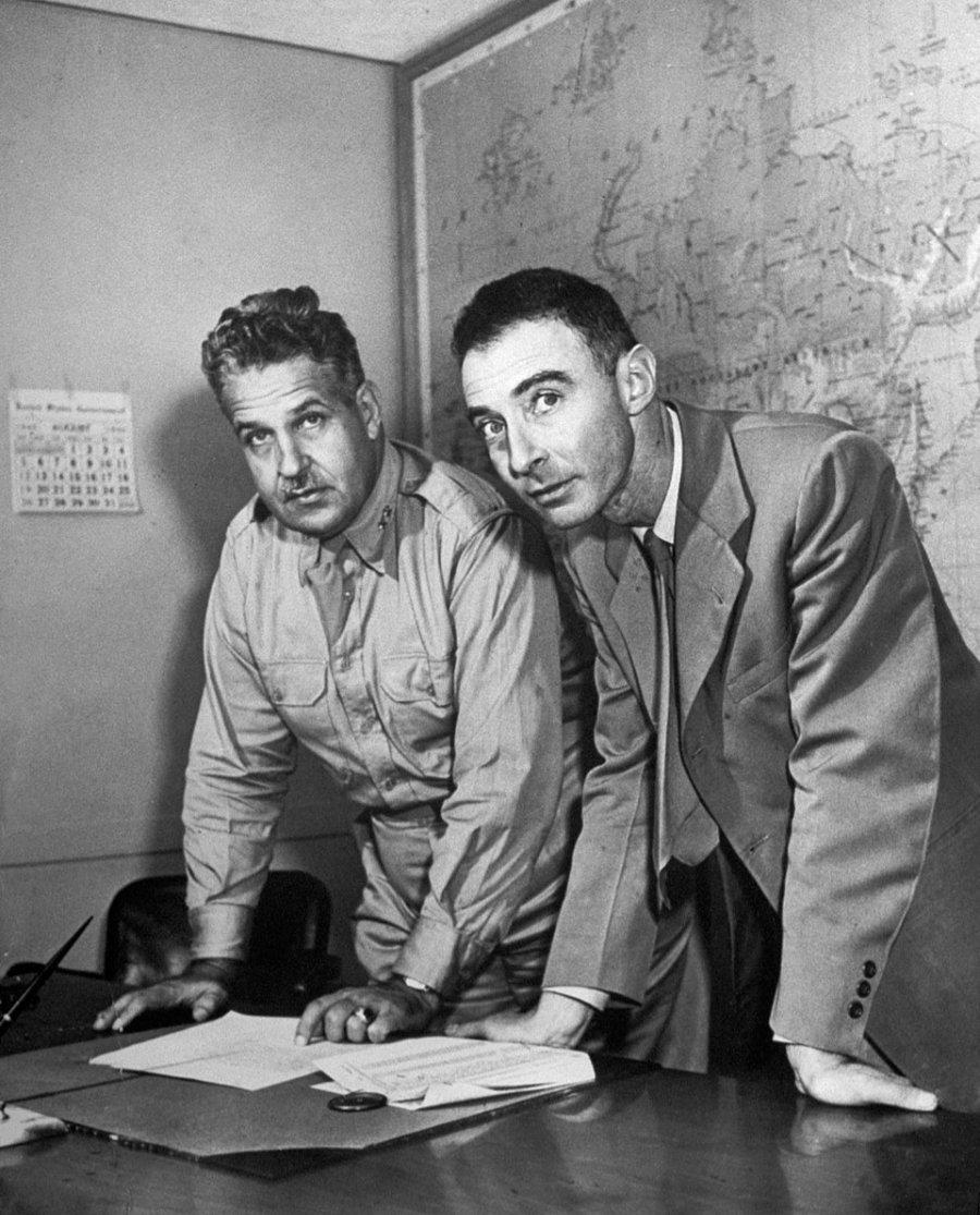 Manhattan Project Chief General Leslie R. Groves and Los Alamos Director J. Robert Oppenheimer, circa 1944-1945