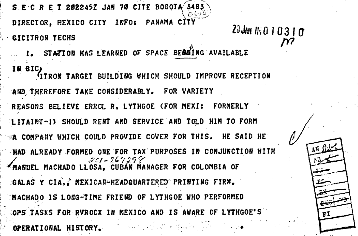 CIA cable about eavesdropping operation in Bogota