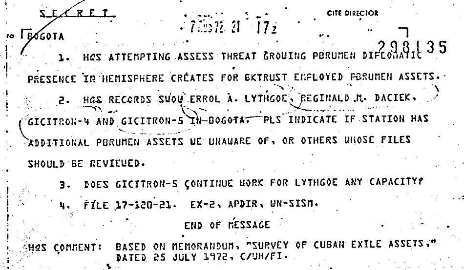 CIA headquarters cable is concerned abous use of Cuban assets