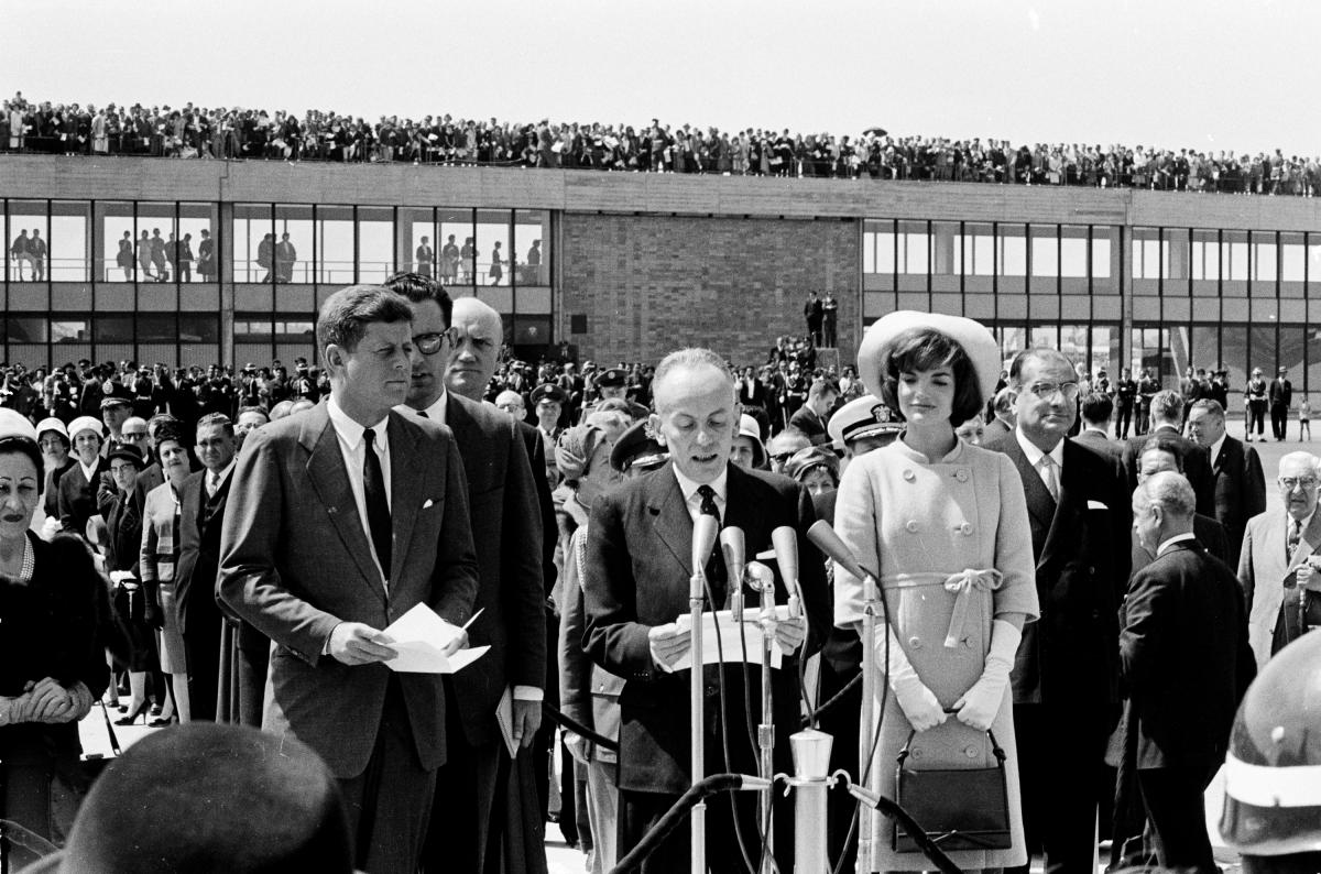 Colombian President Alberto Lleras Camargo speaks after the arrival of President John F. Kennedy and FIrst Lady Jacqueline Kennedy at El Dorado Airport in Bogota, Colombia, December 17, 1961.