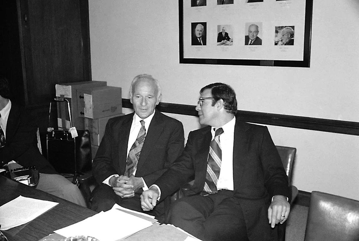 Sidney Gottlieb, former head of the CIA’s Technical Services Division, talks with his attorney Terry Lenzner on the day of his testimony before the Senate health subcommittee, September 21, 1977.