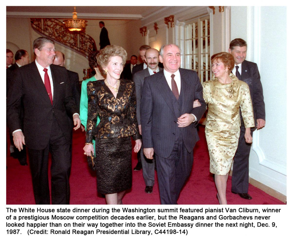The White House state dinner during the Washington summit featured pianist Van Cliburn, winner of a prestigious Moscow competition decades earlier, but the Reagans and Gorbachevs never looked happier than on their way together into the Soviet Embassy dinner the next night, Dec. 9, 1987. (Credit: Ronald Reagan Presidential Library, C44198-14)