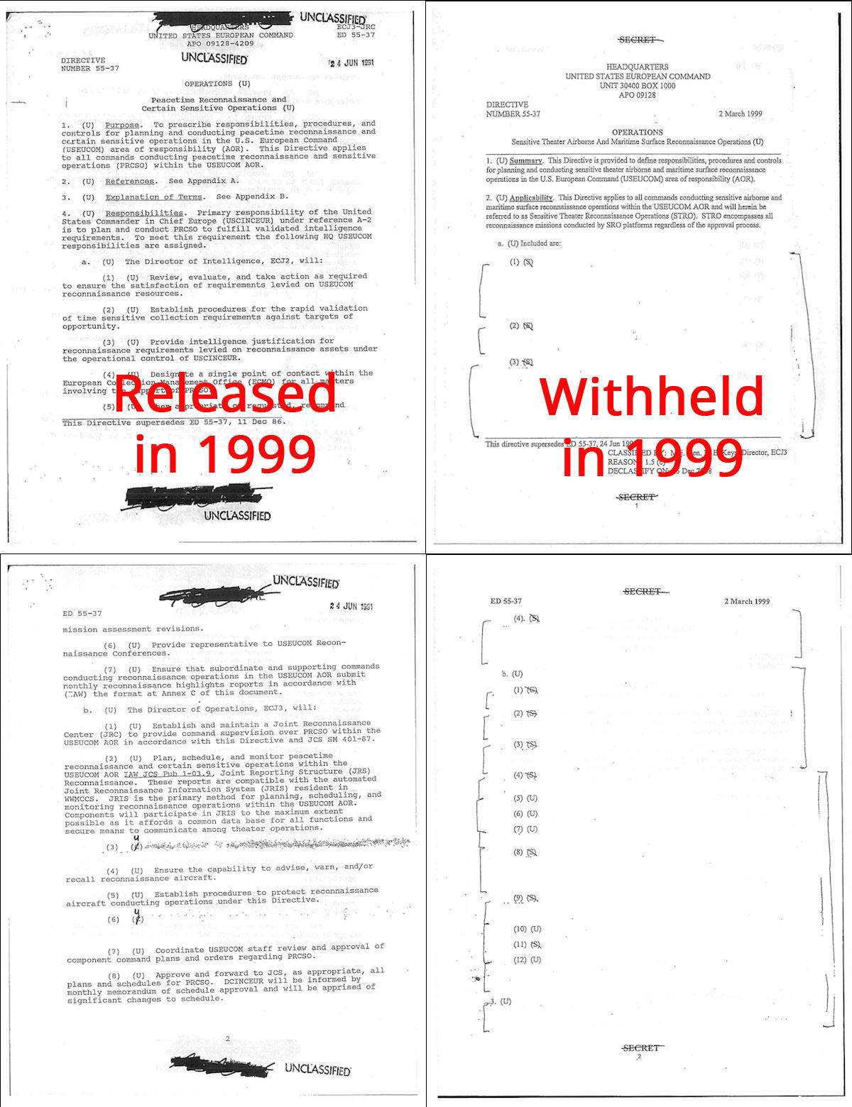 Side-by-side images of different declassifications of the same information