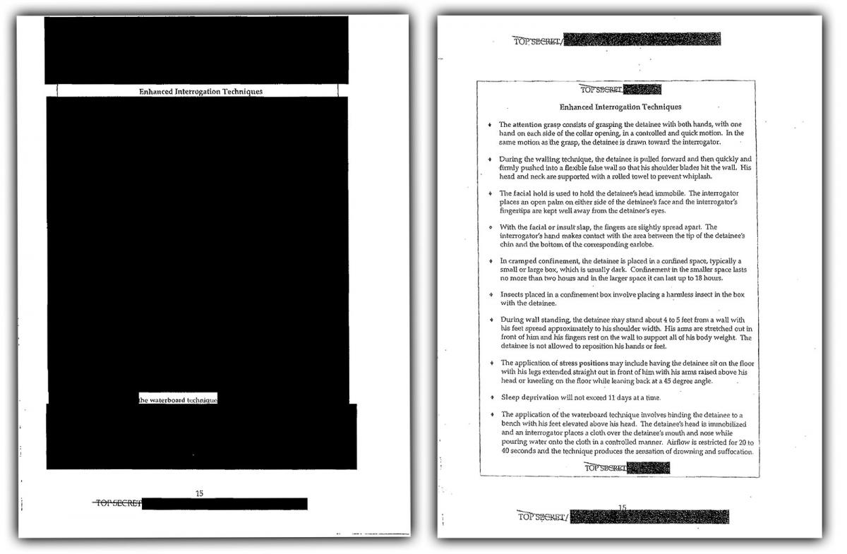 The version of this lengthy report released by the Obama administration in 2009 (right) reveals a great deal more about CIA interrogators' illicit practices than the version put out by the Bush administration in 2008.