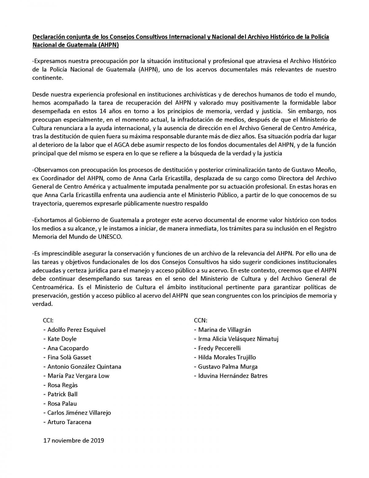 Declaración conjunta de los Consejos Consultivos Internacional y Nacional del Archivo Histórico de la Policía Nacional de Guatemala