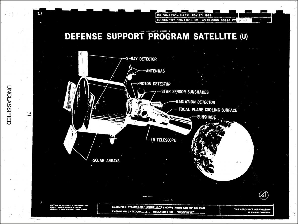 Drawing of Defense Support Program Satellite, including the infra-red telescope used to detect heat from missile launch plumes