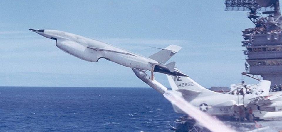 An SK-5 reconnaissance drone shown launching from the U.S.S.  Ranger, circa 1969-1970. (U.S. Navy photo published in David Axe,  “The U.S. Navy Flew Drones from Flattops ... In 1969,” Forbes, 13 May  2020.