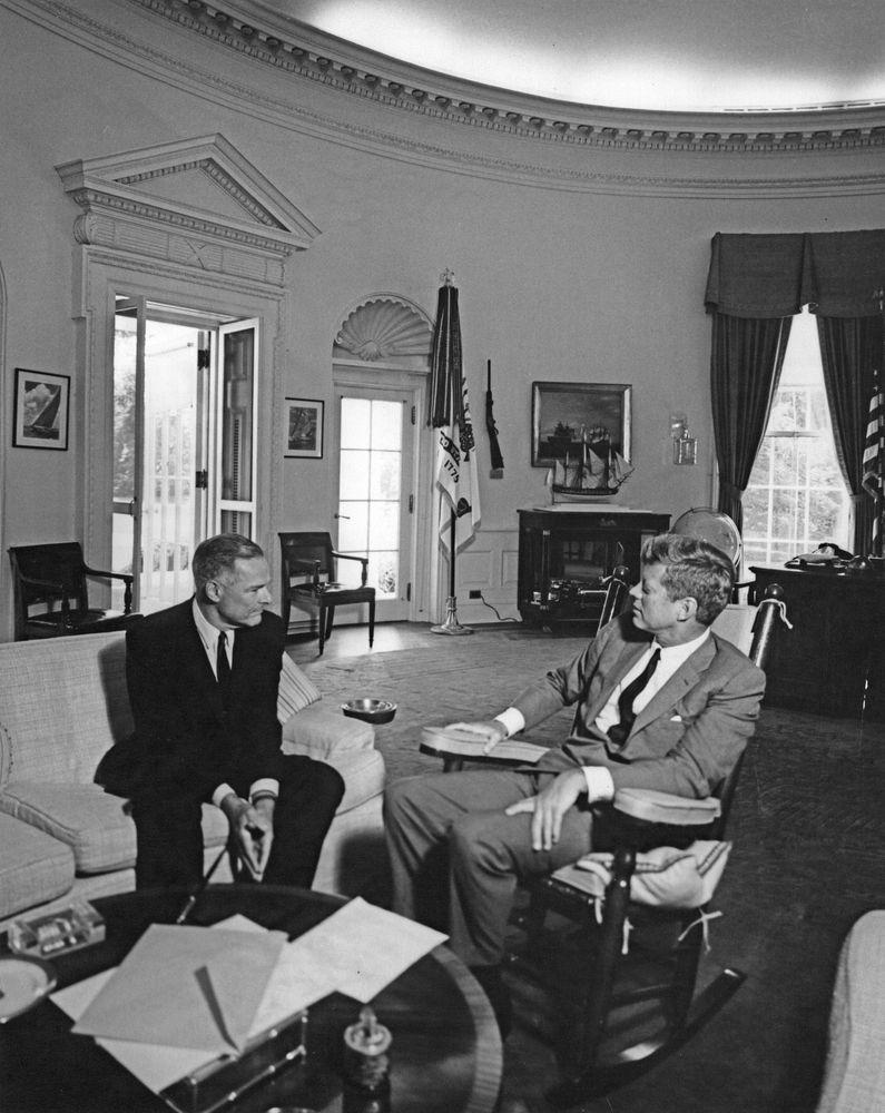 President Kennedy meets with newly-appointed Ambassador to South Vietnam, Henry Cabot Lodge. Oval Office, August 15, 1963