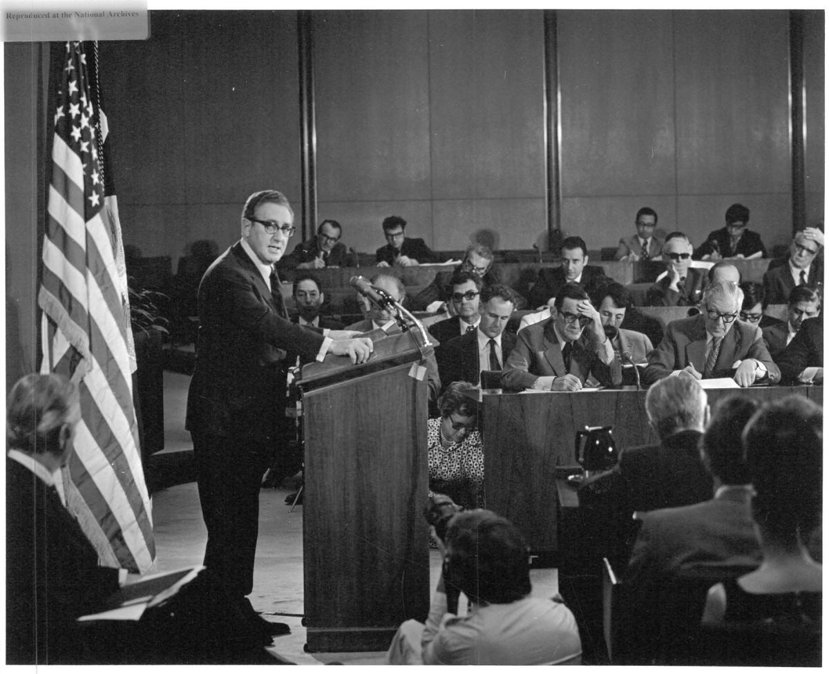 Kissinger at one of his first press conferences, 12 October 1973