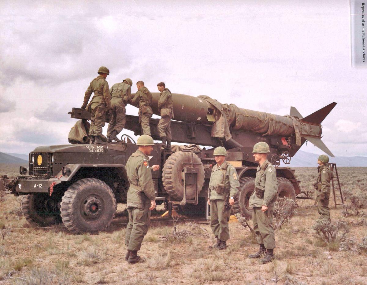 members of the 1st Battalion, 20th Field Artillery Regiment, preparing to fire a missile at Yakima Washington Firing Center during 1967