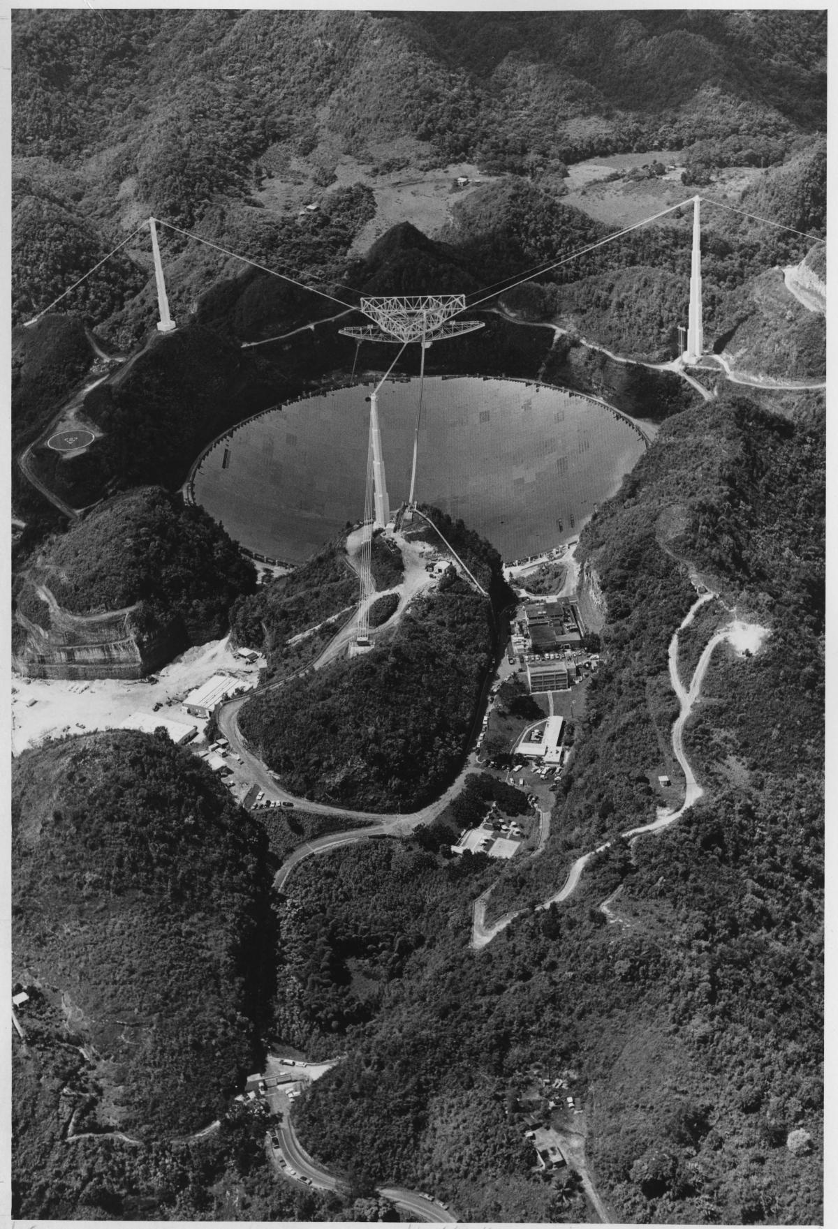 Aerial view of giant radio telescope at Arecibo Observatory